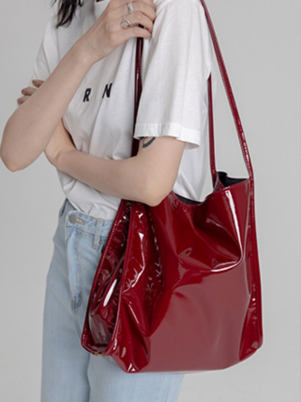 Women Patent Leather Bag Soft Tote Bag Shiny Shoulder Bag